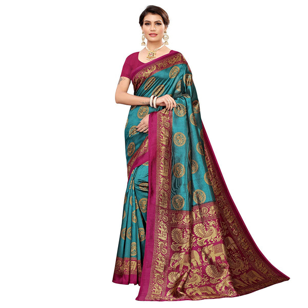 Art Silk Turquoise Colour Printed Saree With Unstiched Blouse Piece