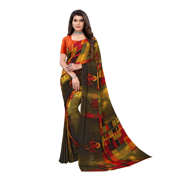 Ethnic Basket Women's Georgette Green Color Printed Geometric Saree With Blouse Piece-PF336