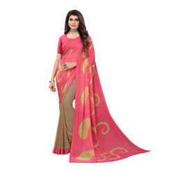 Ethnic Basket Women's Georgette Beige & Pink Color Printed Floral Saree With Blouse Piece-PF337