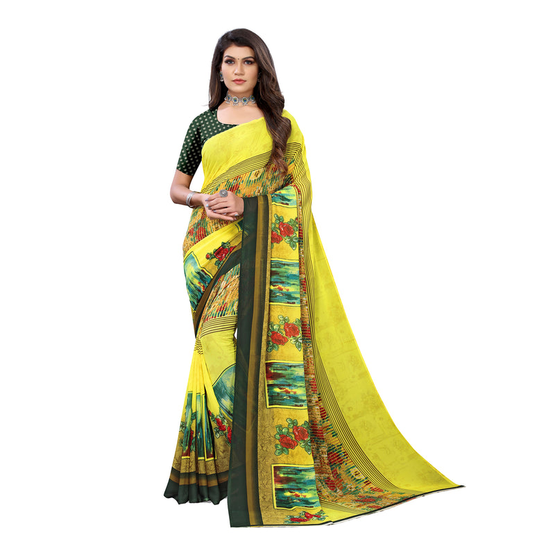 Ethnic Basket Women's Georgette Yellow Color Printed Floral Saree With Blouse Piece-PF338