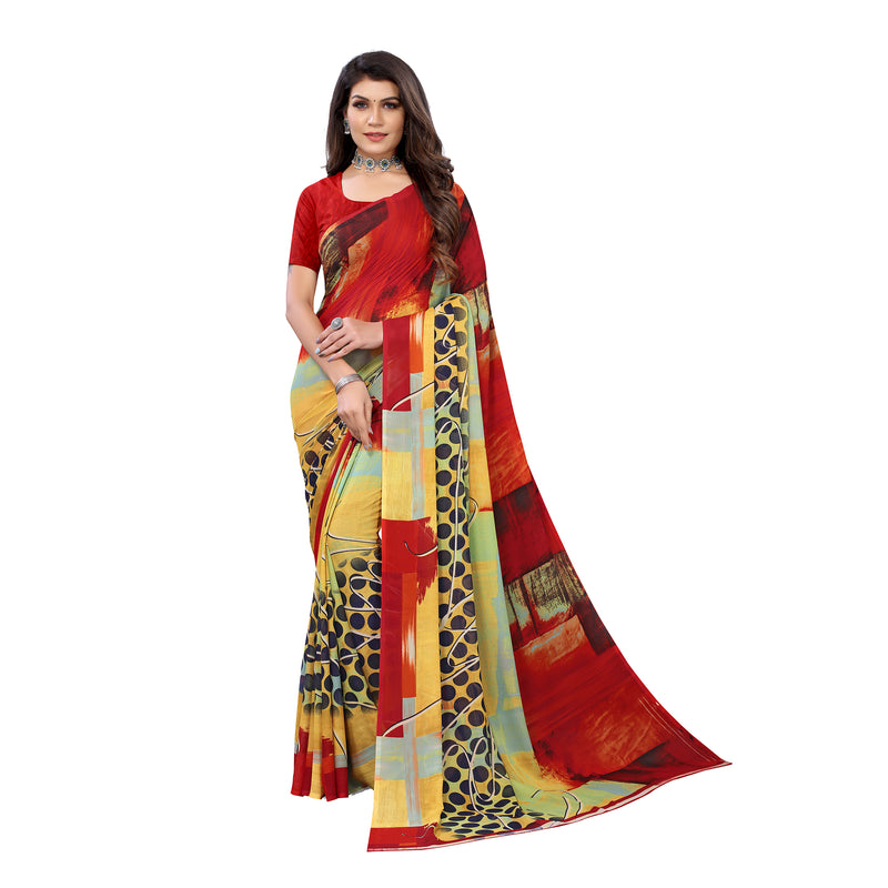 Ethnic Basket Women's Georgette Red Color Printed Polka Dot Saree With Blouse Piece-PF339