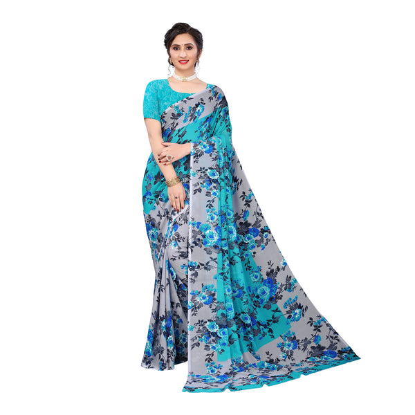 Ethnic Basket Women's Georgette Blue Color Printed Floral Saree With Blouse Piece-RL356