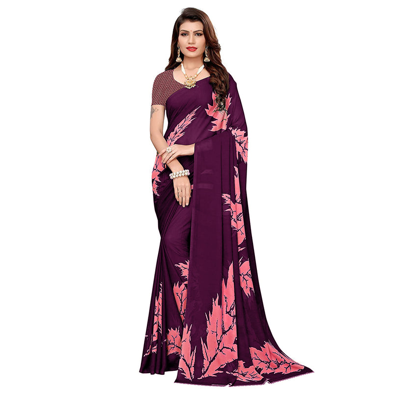 Ethnic Basket Women's Georgette Wine Color Printed Floral Saree With Blouse Piece-RL357