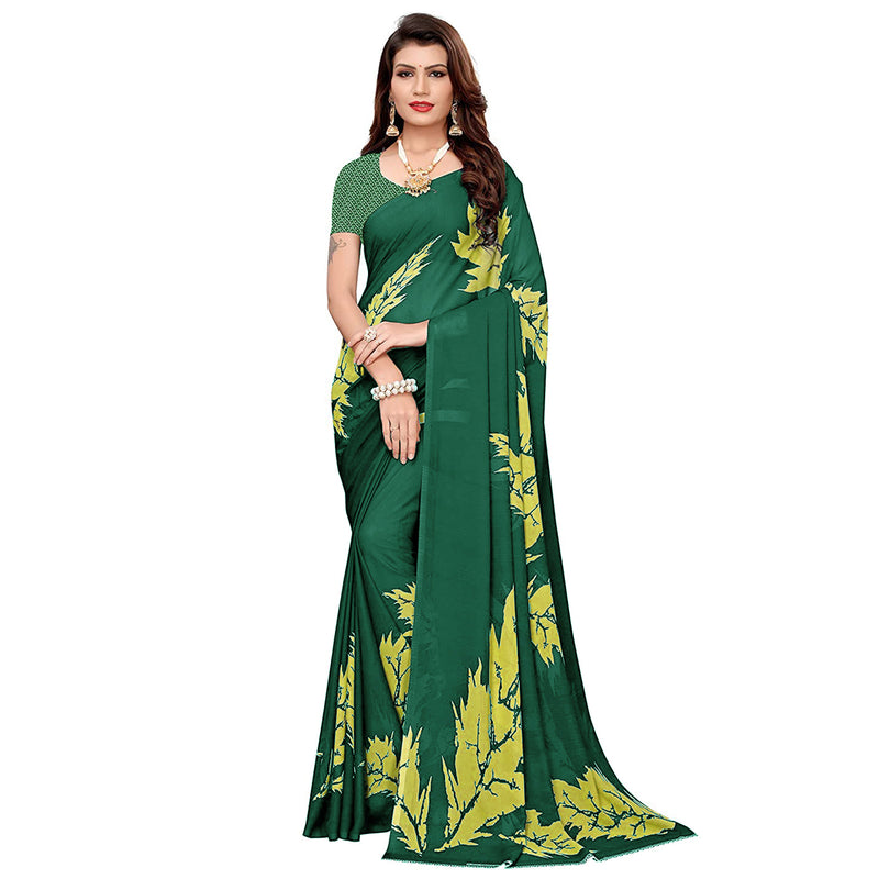 Ethnic Basket Women's Georgette Green Color Printed Floral Saree With Blouse Piece-RL359