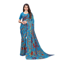 Ethnic Basket Women's Georgette Teal Color Printed Floral Saree With Blouse Piece-RL823
