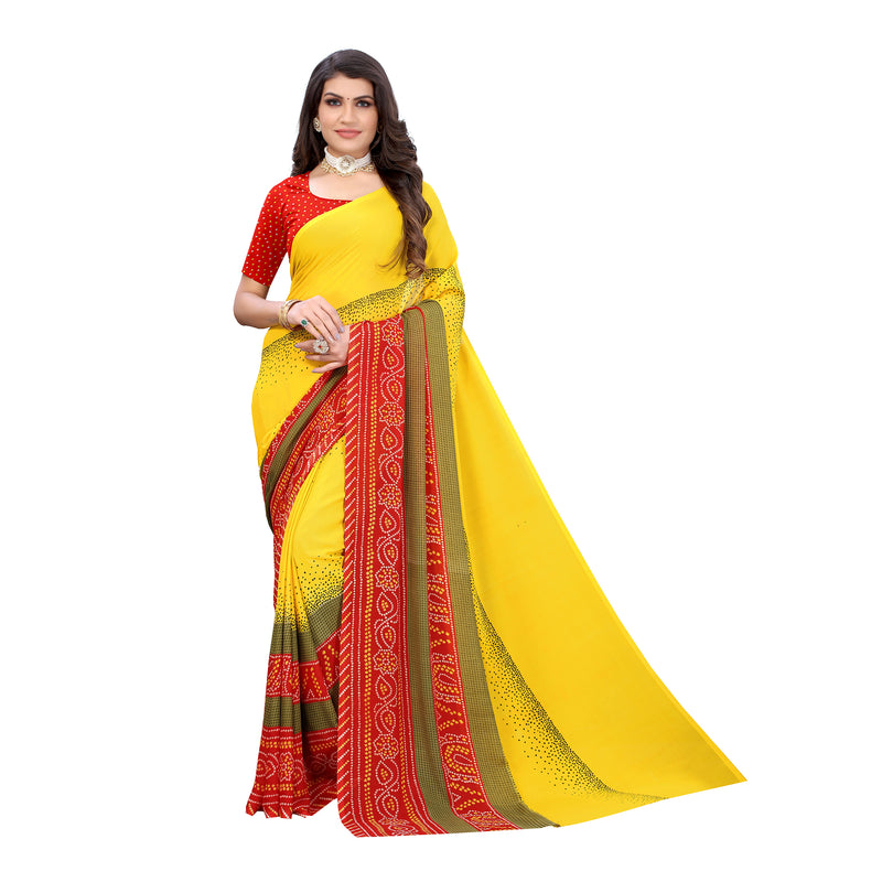 Ethnic Basket Women's Georgette Yellow Color Printed Bandhani Saree With Blouse Piece-RL825