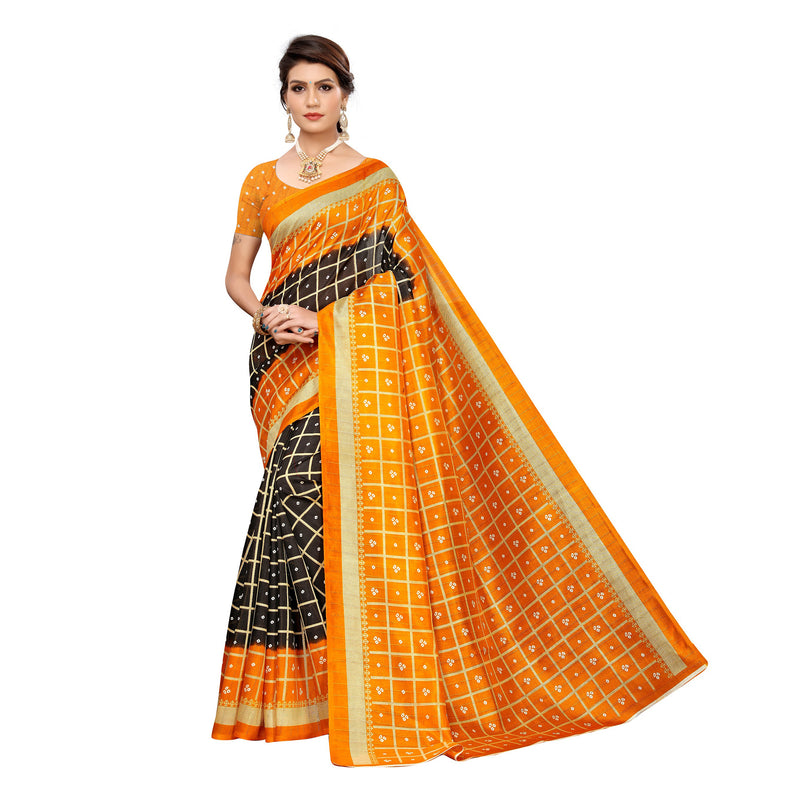 Ethnic Basket Women's Khadi Silk Orange Color Printed Checkered Saree With Blouse Piece-SC-836