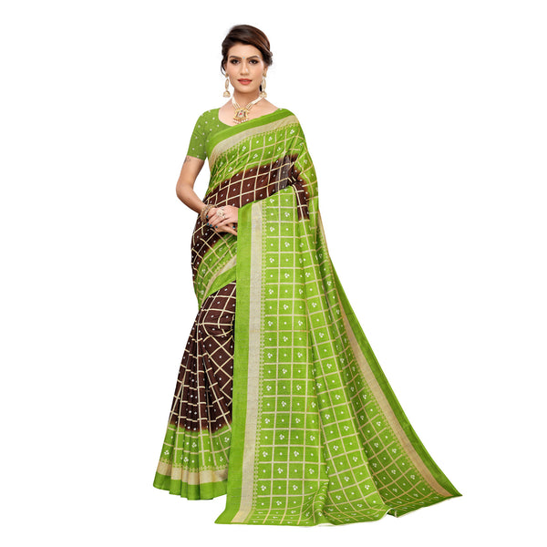 Ethnic Basket Women's Khadi Silk Green Color Printed Checkered Saree With Blouse Piece-SC-837