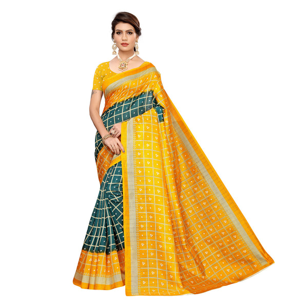 Ethnic Basket Women's Khadi Silk Yellow & Green Color Printed Checkered Saree With Blouse Piece-SC-838