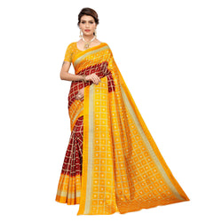 Ethnic Basket Women's Khadi Silk Maroon & Yellow Color Printed Checkered Saree With Blouse Piece-SC-839