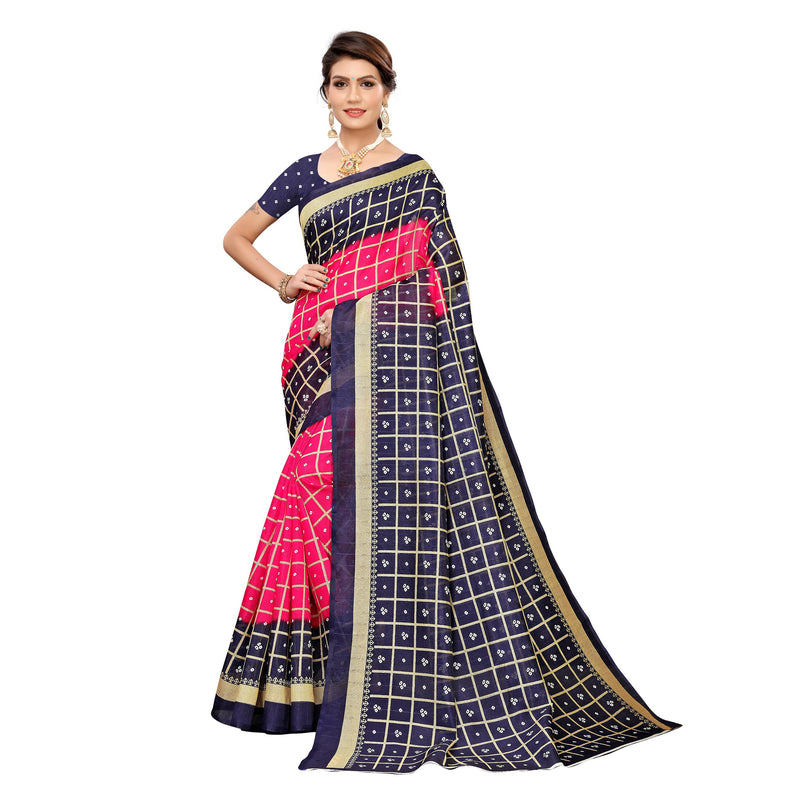 Ethnic Basket Women's Khadi Silk Pink Color Printed Checkered Saree With Blouse Piece-SC-841