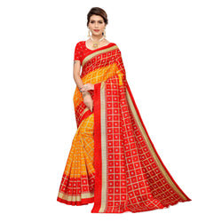 Ethnic Basket Women's Khadi Silk Yellow & Red Color Printed Checkered Saree With Blouse Piece-SC-843