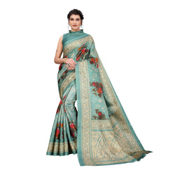 Ethnic Basket Women's Khadi Silk Teal Color Printed Floral Saree With Blouse Piece-SC-849