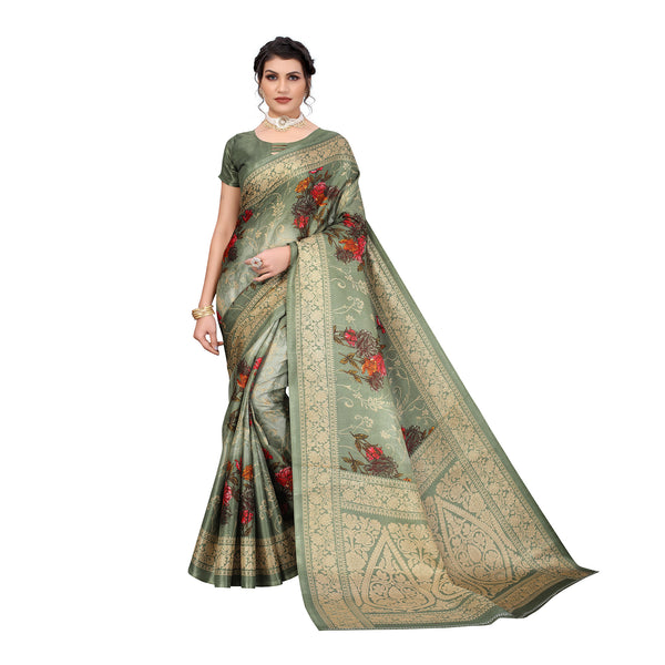 Ethnic Basket Women's Khadi Silk Green Color Printed Floral Saree With Blouse Piece-SC-851