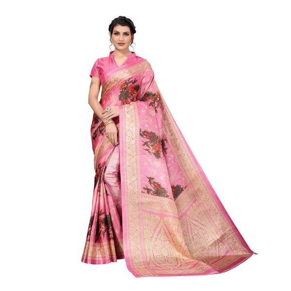 Ethnic Basket Women's Khadi Silk Pink Color Printed Floral Saree With Blouse Piece-SC-853