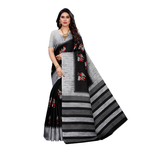 Ethnic Basket Women's Khadi Silk Black Color Printed Traditional Saree With Blouse Piece-SC-854