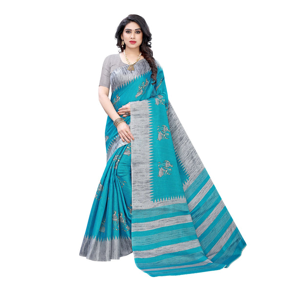 Ethnic Basket Women's Khadi Silk Blue Color Printed Traditional Saree With Blouse Piece-SC-855