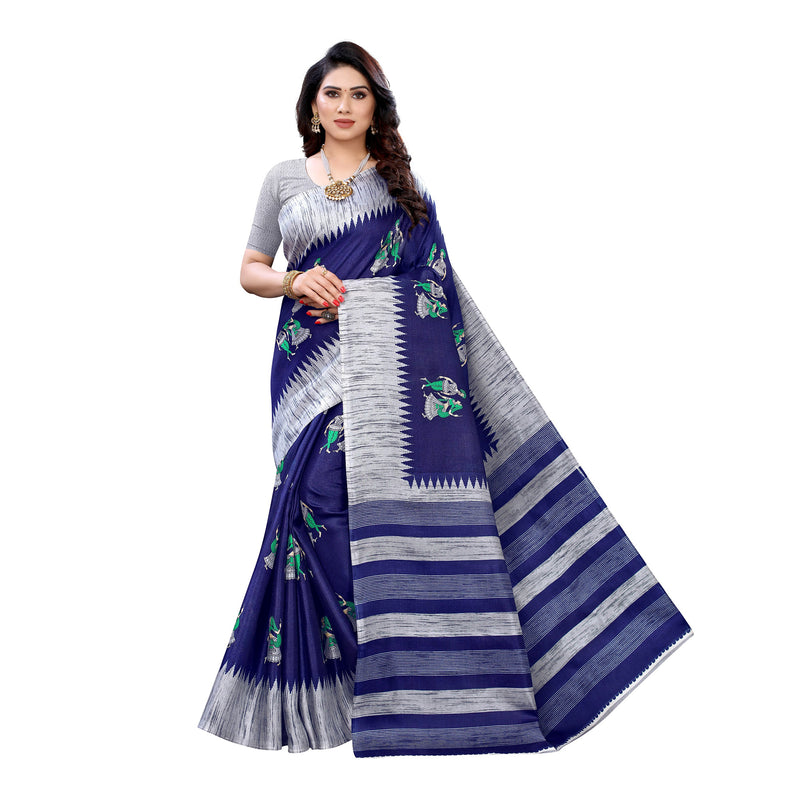 Ethnic Basket Women's Khadi Silk Blue Color Printed Traditional Saree With Blouse Piece-SC-857