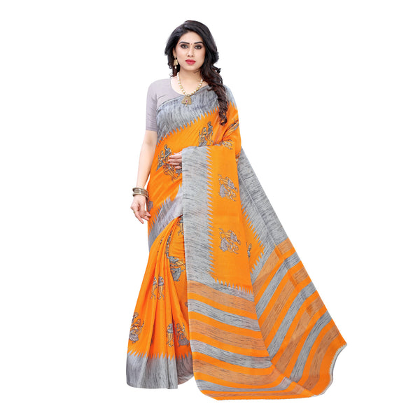 Ethnic Basket Women's Khadi Silk Yellow Color Printed Traditional Saree With Blouse Piece-SC-858