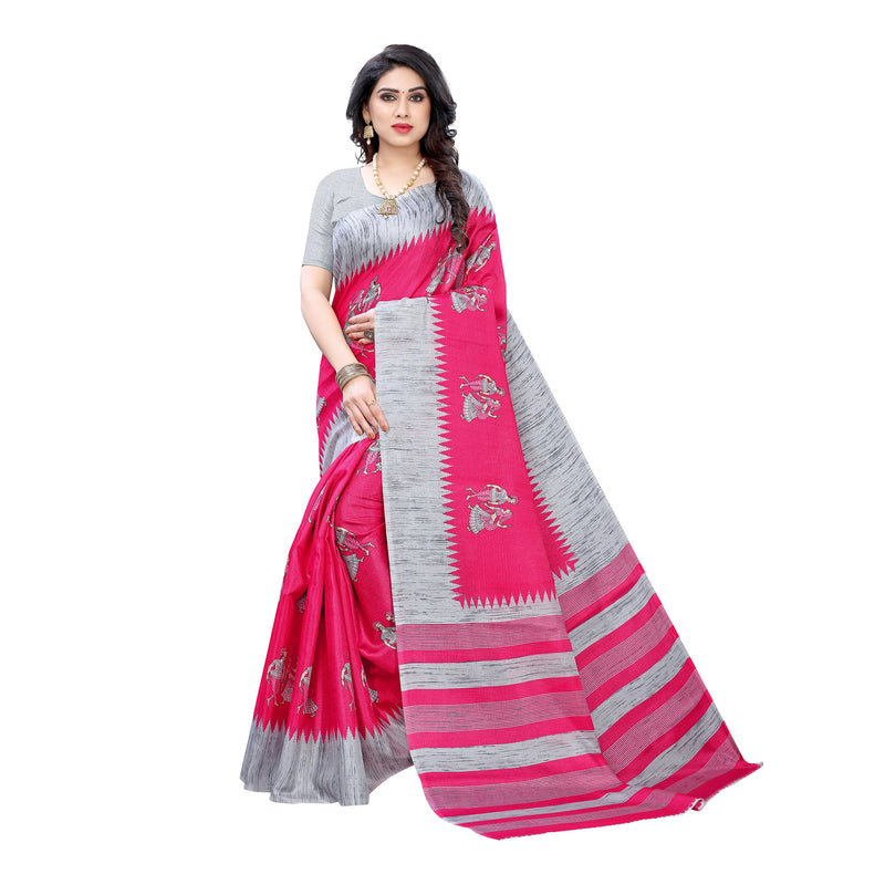 Ethnic Basket Women's Khadi Silk Pink Color Printed Traditional Saree With Blouse Piece-SC-859