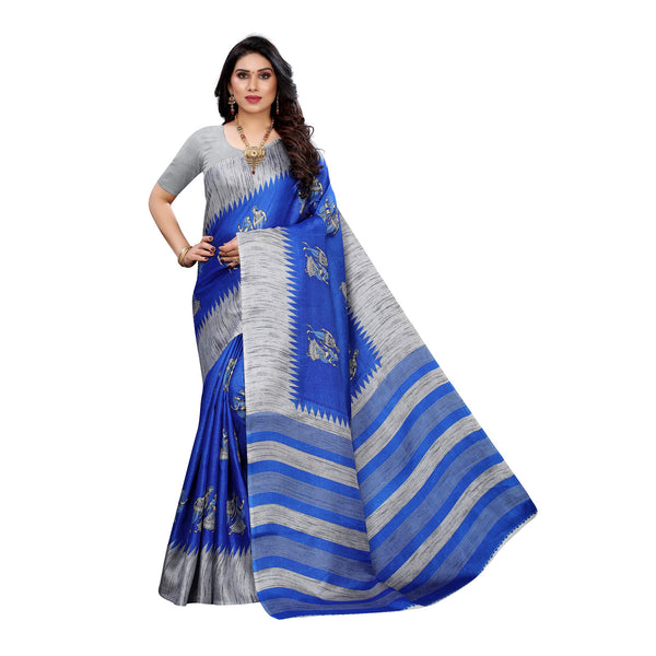 Ethnic Basket Women's Khadi Silk Blue Color Printed Traditional Saree With Blouse Piece-SC-862