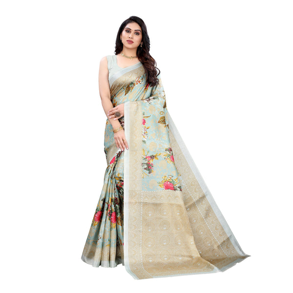 Ethnic Basket Women's Khadi Silk Lgt Green Color Printed Floral Saree With Blouse Piece-SC-864