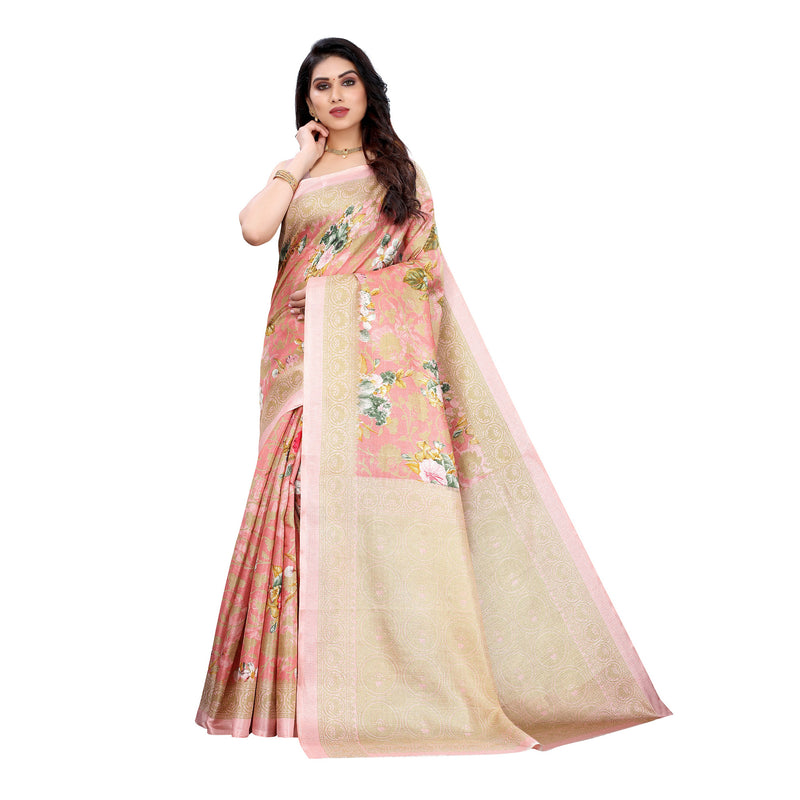 Ethnic Basket Women's Khadi Silk Peach Color Printed Floral Saree With Blouse Piece-SC-867