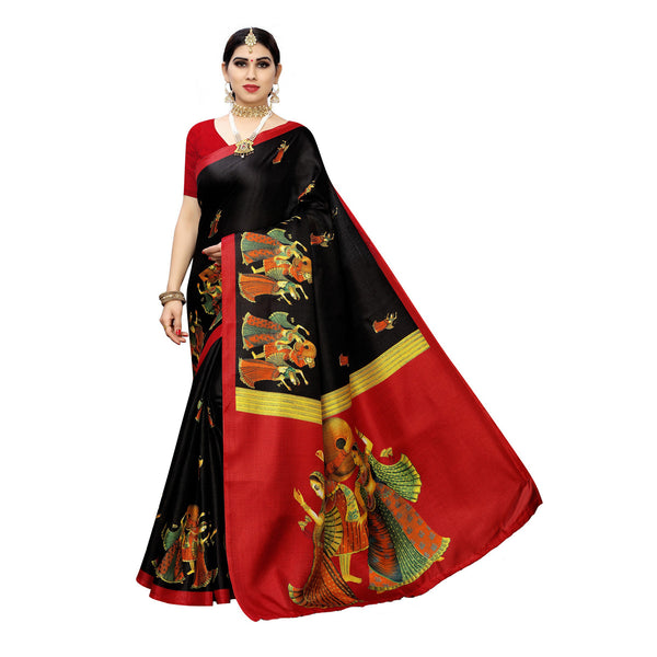 Ethnic Basket Women's Khadi Silk Black Color Printed Traditional Saree With Blouse Piece-SC-868