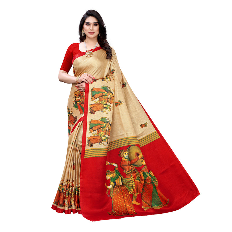 Ethnic Basket Women's Khadi Silk Beige Color Printed Traditional Saree With Blouse Piece-SC-869