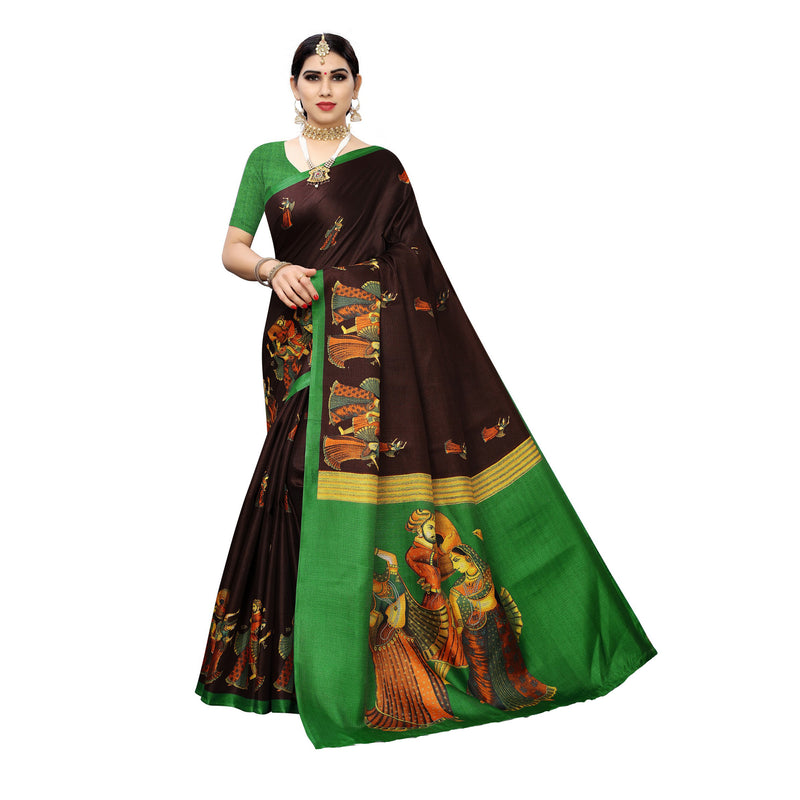 Ethnic Basket Women's Khadi Silk Brown Color Printed Traditional Saree With Blouse Piece-SC-870