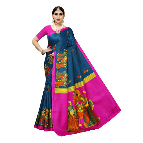 Ethnic Basket Women's Khadi Silk Blue Color Printed Traditional Saree With Blouse Piece-SC-872