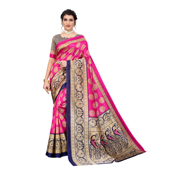 Ethnic Basket Women's Art Silk Pink Color Animal Printed Saree With Blouse Piece-SC-896