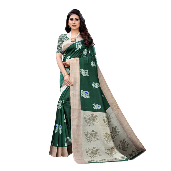 Ethnic Basket Women's Art Silk Green Color Animal Printed Saree With Blouse Piece-SC-902