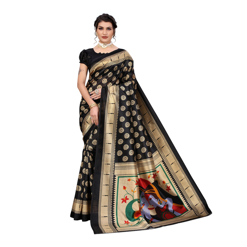 Ethnic Basket Women's Art Silk Black Color Traditional Printed Saree With Blouse Piece-SC-905