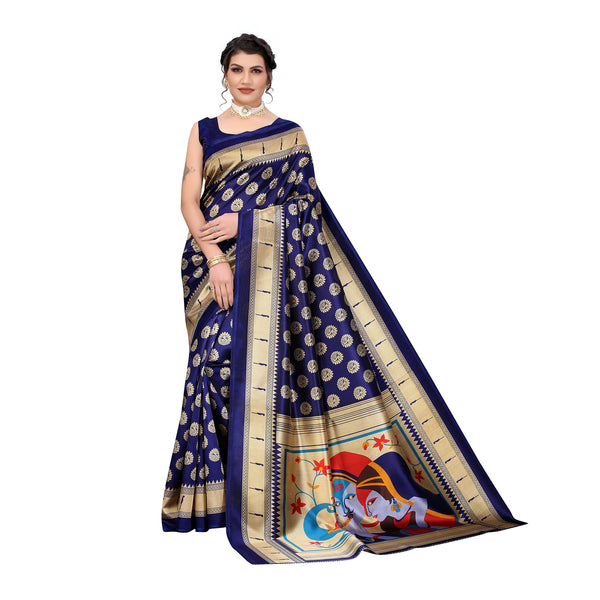 Ethnic Basket Women's Art Silk Blue Color Traditional Printed Saree With Blouse Piece-SC-907