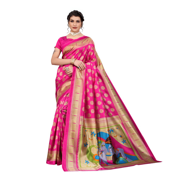 Ethnic Basket Women's Art Silk Pink Color Traditional Printed Saree With Blouse Piece-SC-908.
