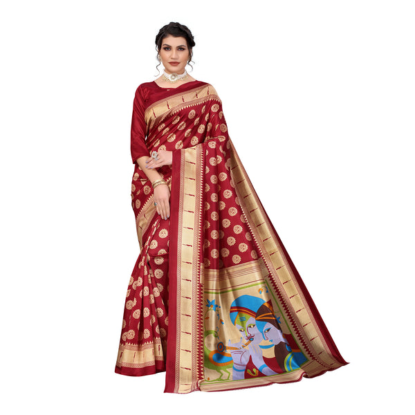 Ethnic Basket Women's Art Silk Red Color Traditional Printed Saree With Blouse Piece-SC-909
