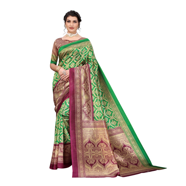 Ethnic Basket Women's Art Silk Green Color Floral Printed Saree With Blouse Piece-SC-916