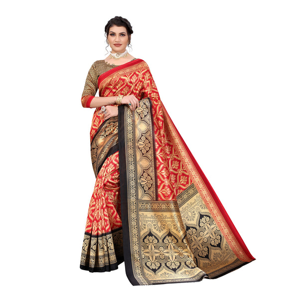 Ethnic Basket Women's Art Silk Red Color Floral Printed Saree With Blouse Piece-SC-920