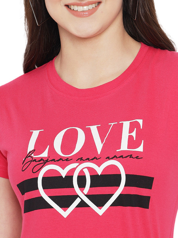Women's Dark Pink Cotton Typography Print Tshirt SU03
