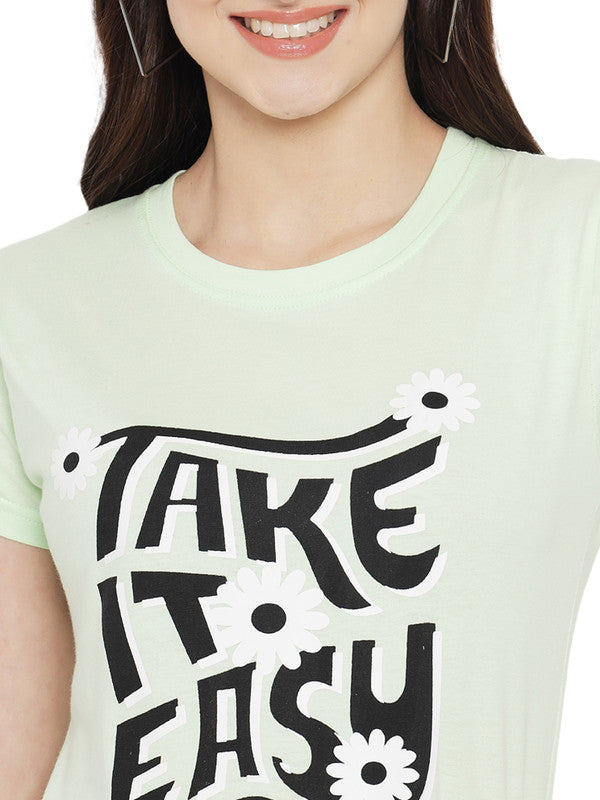 Women's Sea Green Cotton Typography Print Tshirt SU06