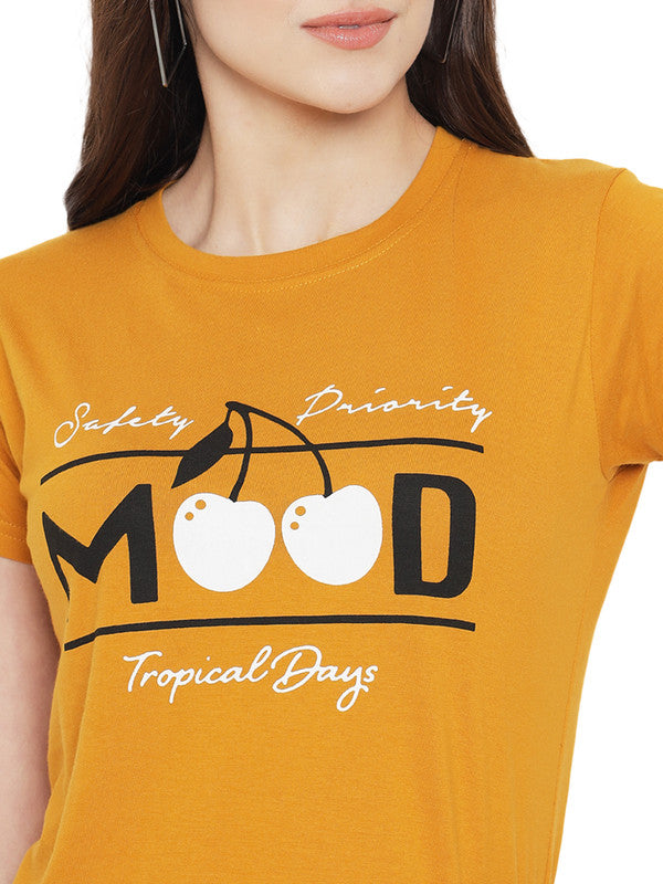 Women's Mustard Cotton Typography Print Tshirt SU10