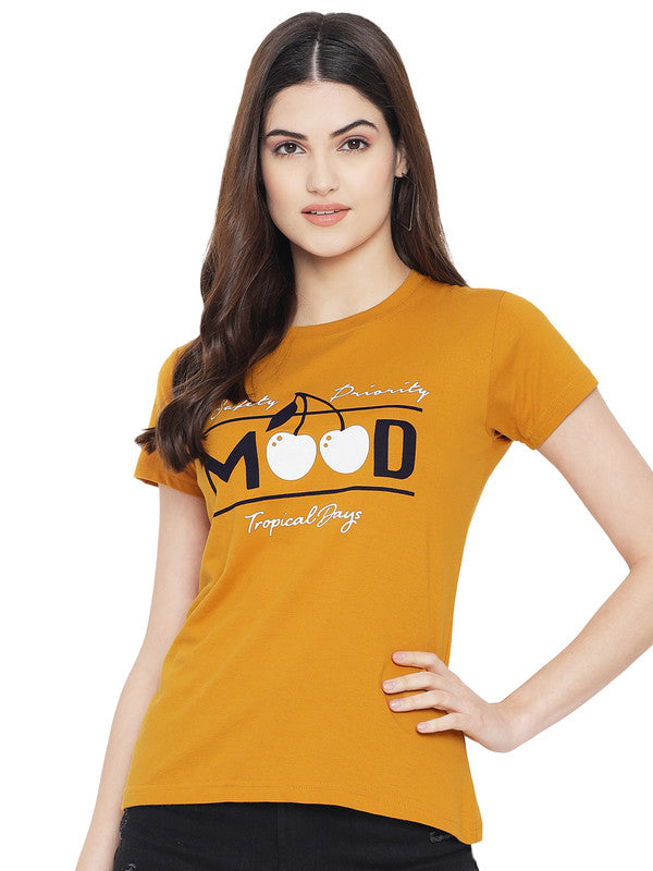 Women's Mustard Cotton Typography Print Tshirt SU10