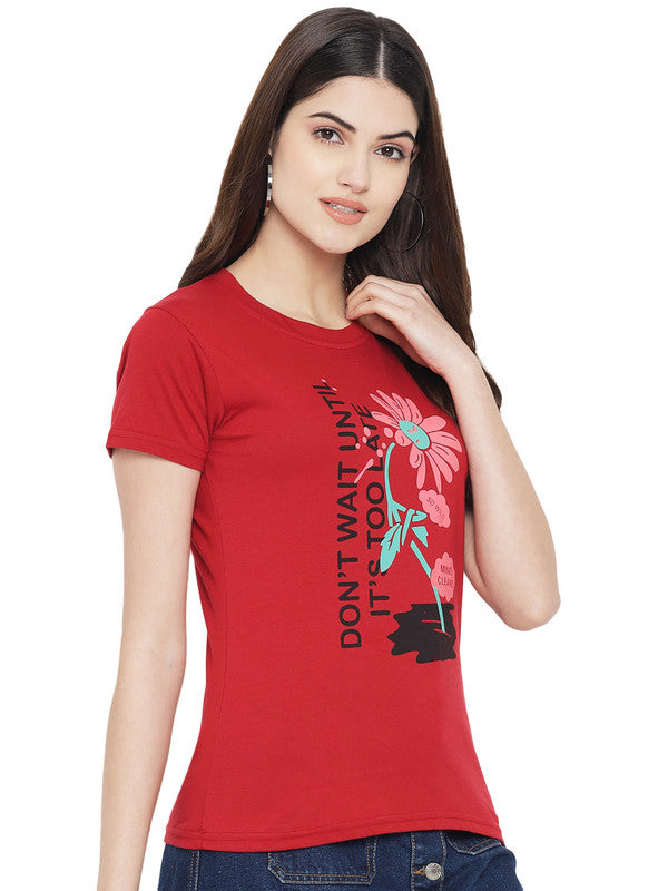 Women's Red Cotton Typography Print Tshirt SU12
