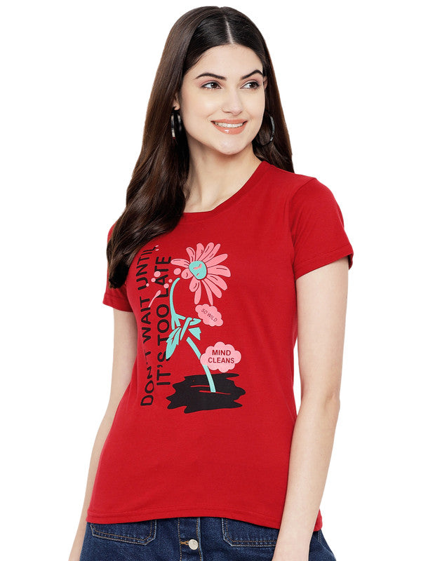 Women's Red Cotton Typography Print Tshirt SU12