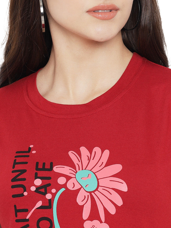 Women's Red Cotton Typography Print Tshirt SU12