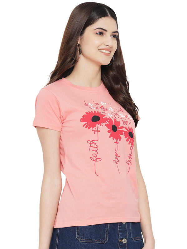 Women's Peach Cotton Typography Print Tshirt SU19