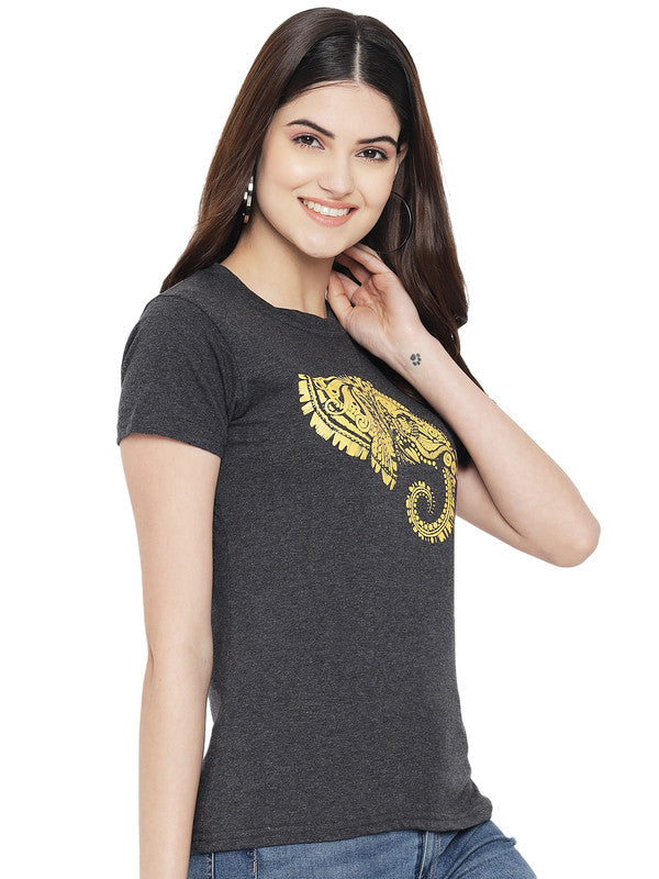 Women's Grey Cotton Typography Print Tshirt SU23