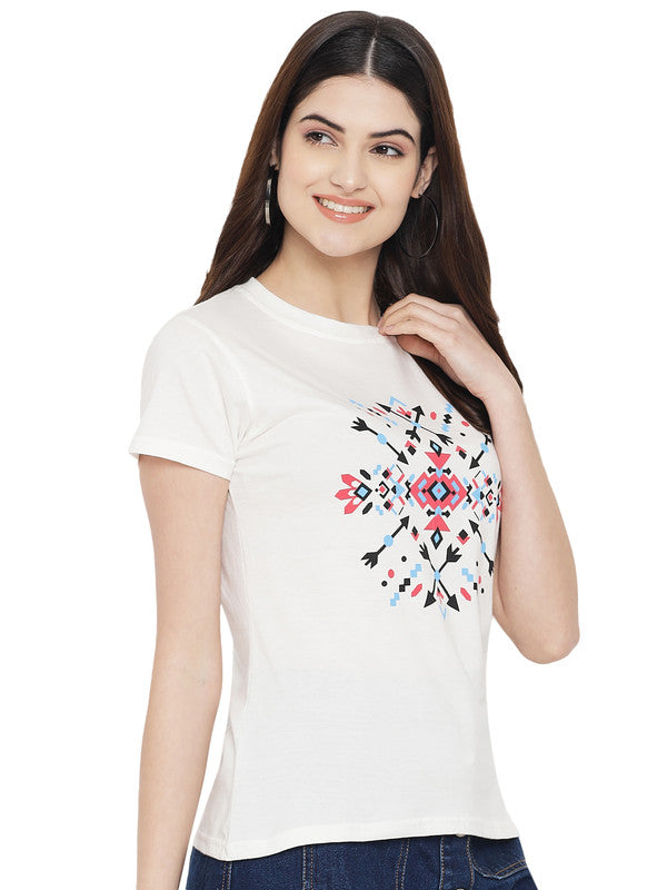 Women's White Cotton Typography Print Tshirt SU24