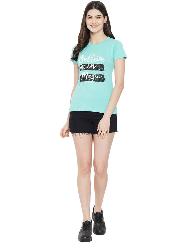 Women's Teal Cotton Typography Print Tshirt SU26